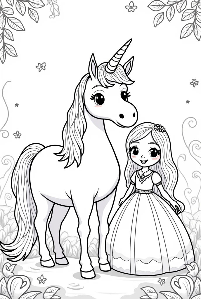 Create me a coloring page of a magical unicorn with a girl, for coloring with large white areas and strong black lines