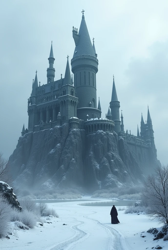 black fantasy castle, big, mysterious and imposing in the middle of the snow