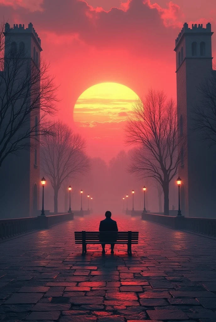 Huge round square with stone walls and lamp posts, with several leafless trees as if it were a forest and fog and a lonely man sitting on a bench in the center of the square, only sunrise with red sky,Orange and Pink , Sun appearing