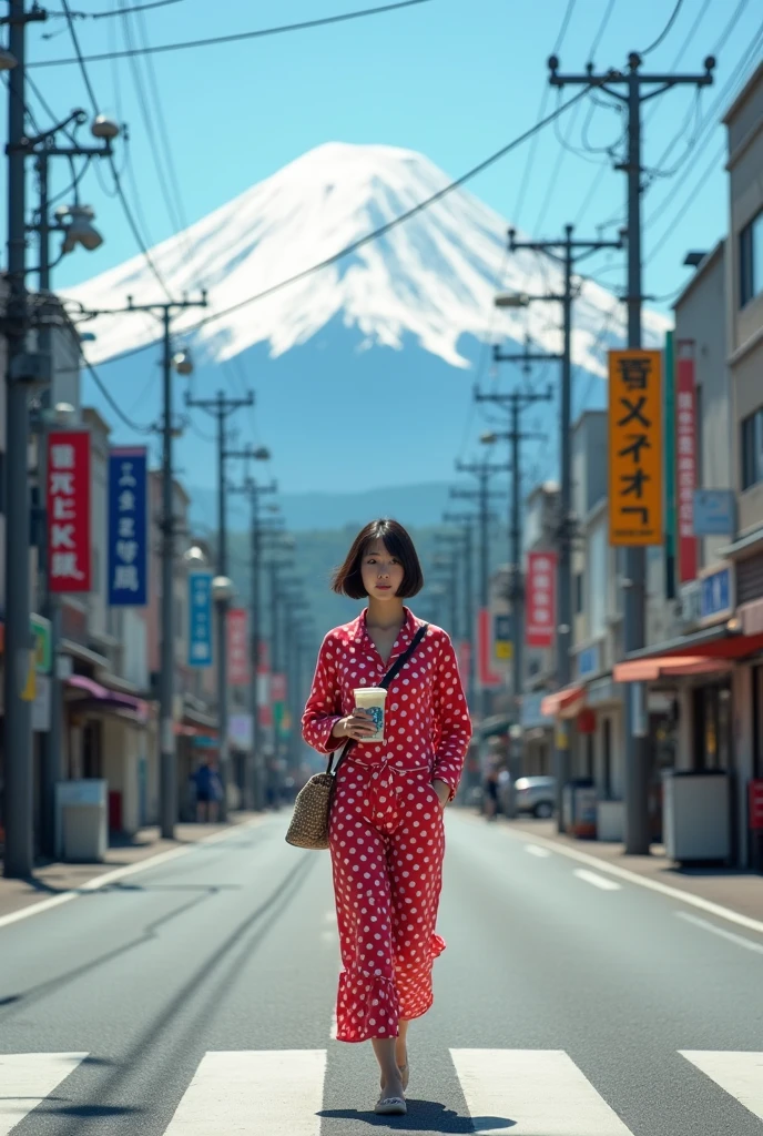 A pretty asian woman with short hair, wearing polka dots pajamas, holding boba tea, walking across the street , at a street scene with the Mount Fuji which its snow capped peak is visible. An empty urban street lined with commercial buildings. Some utility poles and overhead wires crisscross above the street. In stark contrast to the urban foreground Mount Fuji rises in the background. Hyperrealistic , telephoto lens, ground level, HDR.