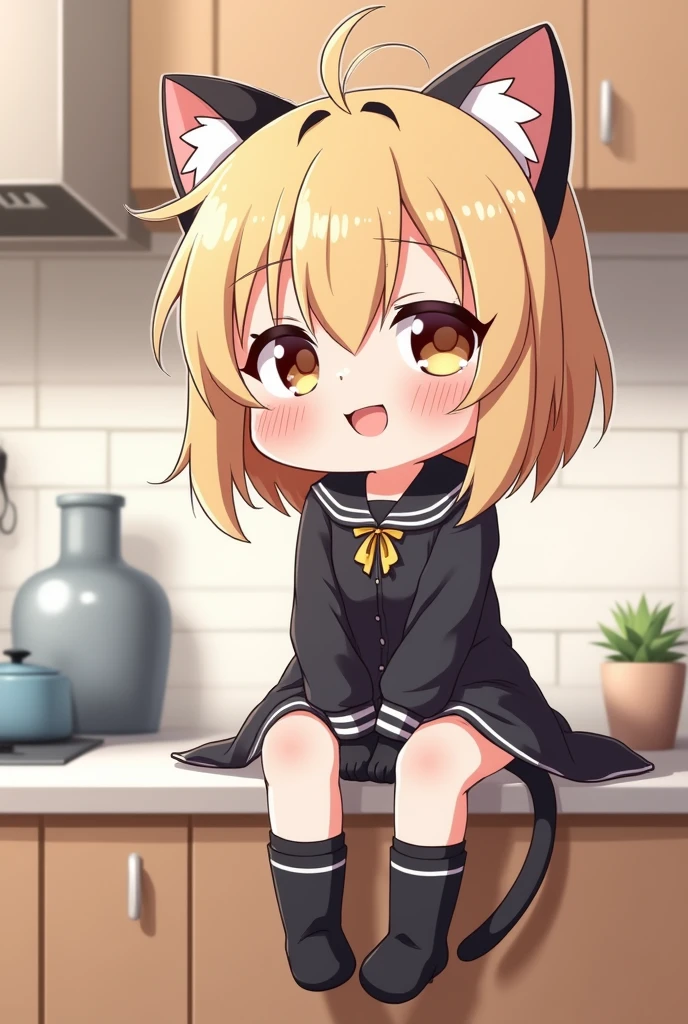 a chibi anime 1girl sitting on a kitchen, cat ears, shirt, bottomless, smile, gloves, boots, some perfect pussy, legs up