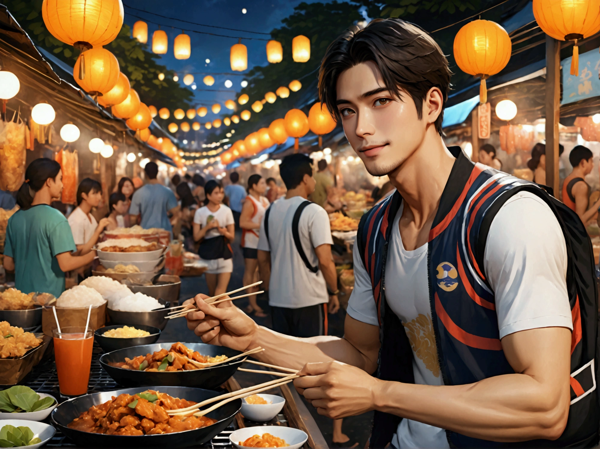 Japanese,2 , handsome, the weather is summer,Wear sporty outfits,For example, vest(Super detailed, Realistic, best quality, 4K, 8k, High resolution, masterpiece:1.3)The background is Bangkok, Thailand,night market, eating food, happy