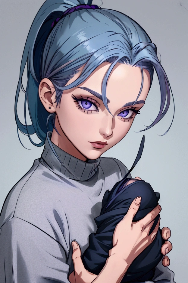 Man, male, silver-blue hair, short ponytail style, purple eyes, black sweater, holding a baby with silver-blue hair, green eyes