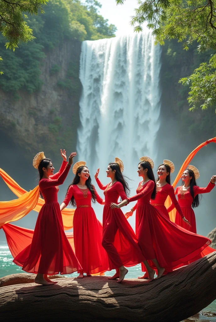 Photoshot 7 beautiful women wearing red and white dresses and wearing mah kota with a unique weave and dancing on a huge fallen tree and under a beautiful waterfall playing with long and colorful cloths and lots of flying cloths