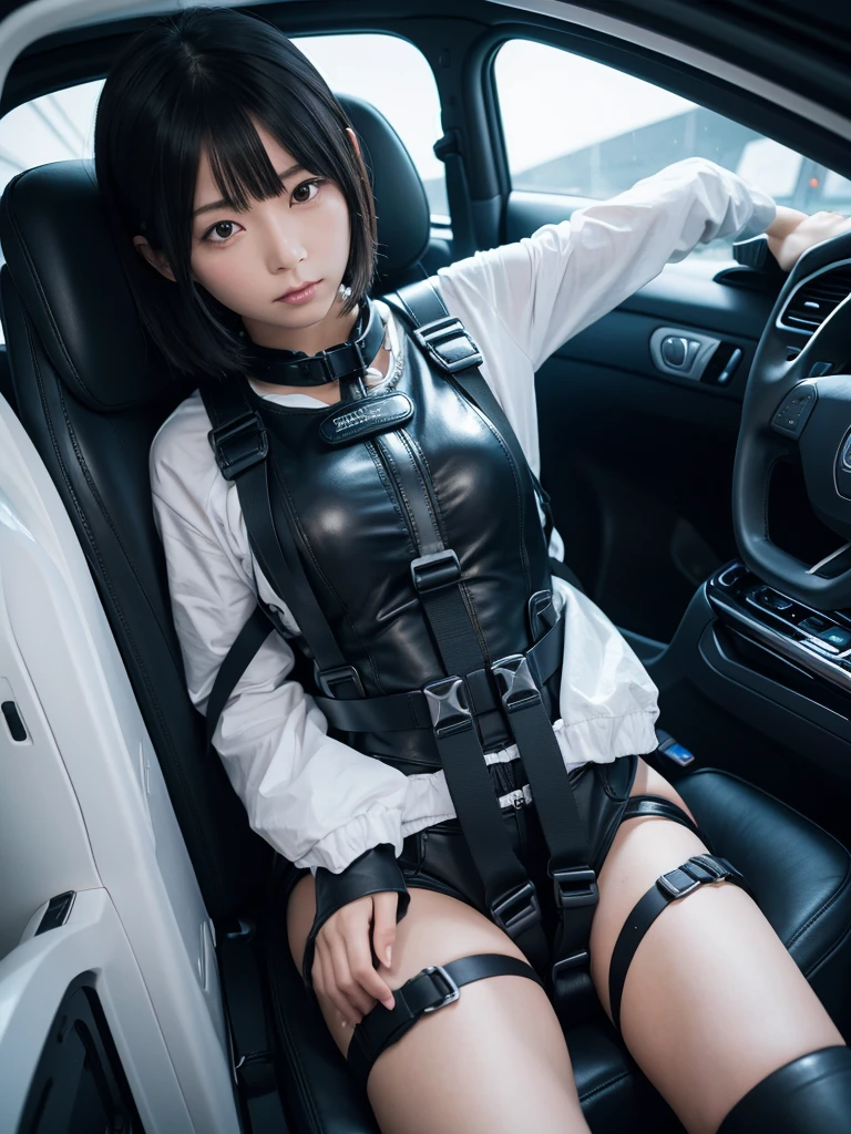 Japanese female android,Black Hair,Space capsule,I was completely strapped to the seat with a thick harness and couldn't move.,Plump,Big Breasts,Wide-legged squats,White robot suit,Surrounded by switches and monitors,