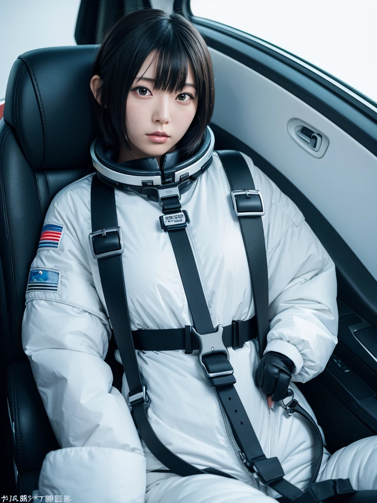 Japanese female android,Black Hair,Space capsule,I was completely strapped to the seat with a thick harness and couldn't move.,Plump,Big Breasts,Wide-legged squats,White robot suit,Surrounded by switches and monitors,