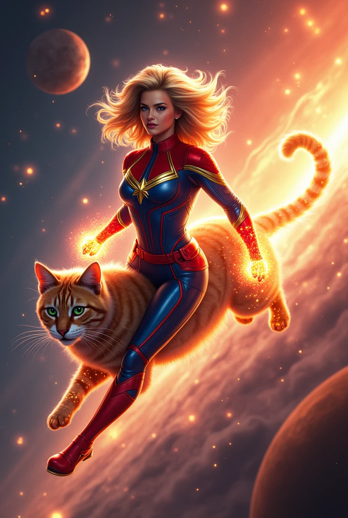 Captain Marvel and Cosmic Cat: Captain Marvel flying through space with a glowing, star-patterned cat alongside her, navigating through cosmic phenomena and alien worlds.captain marvel riding sit up cosmic cat