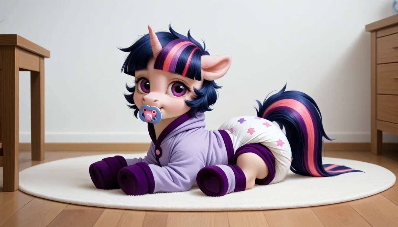 pony, Unicorn, purple wool, dark blue mane with purple streak and pink streak, the tail is dark blue with a purple strand and a pink strand, purple eyes, sitting in the room on a soft play mat, adult filly, dressed in a onesie and booties, pacifier in mouth, solo, thick diaper under clothes.