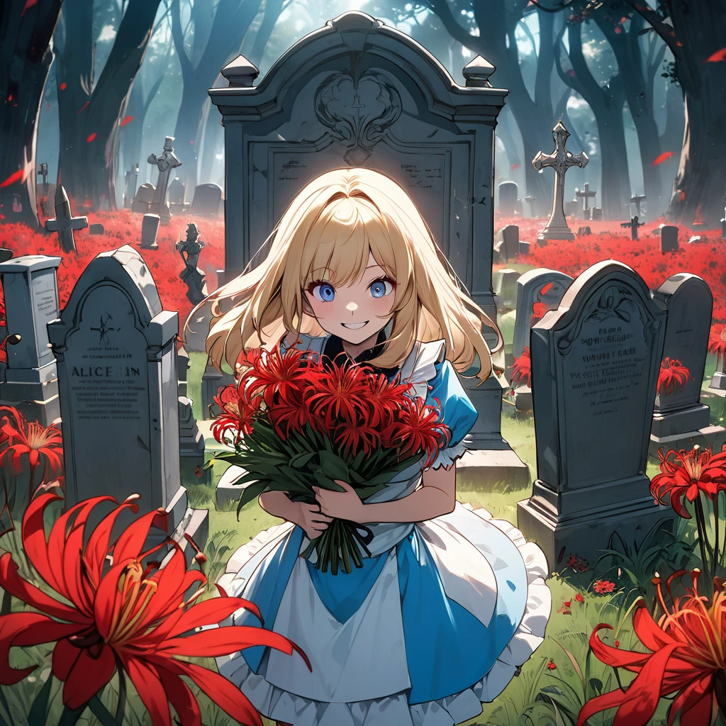 A masterpiece, boldly drawn anime-style illustrations, detailed drawings, humorous and crazy, cinematic lighting, a cemetery, Alice from "Alice in Wonderland" visiting a grave, she holds a bouquet of red spider lilies in both hands. An invincible smile, even the dead are delighted.