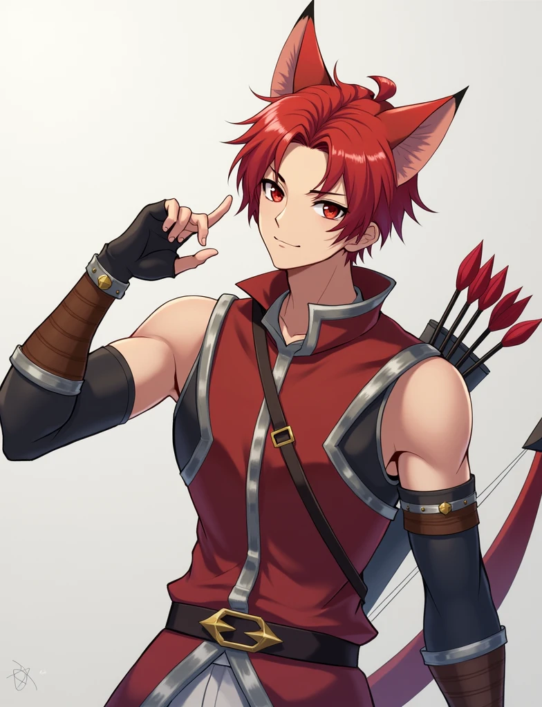 Handsome guy with red hair, small braid, cat red ears, Cat's Red Tail, Red hair, on his back is a bow and a quiver with arrows, Beautiful face, beautiful body, super detailed, professional quality, anime art, red vest with a high collar, there are metal bracers on the elbows, open shoulders, white pants, high brown boots, metal knee pads on the knees