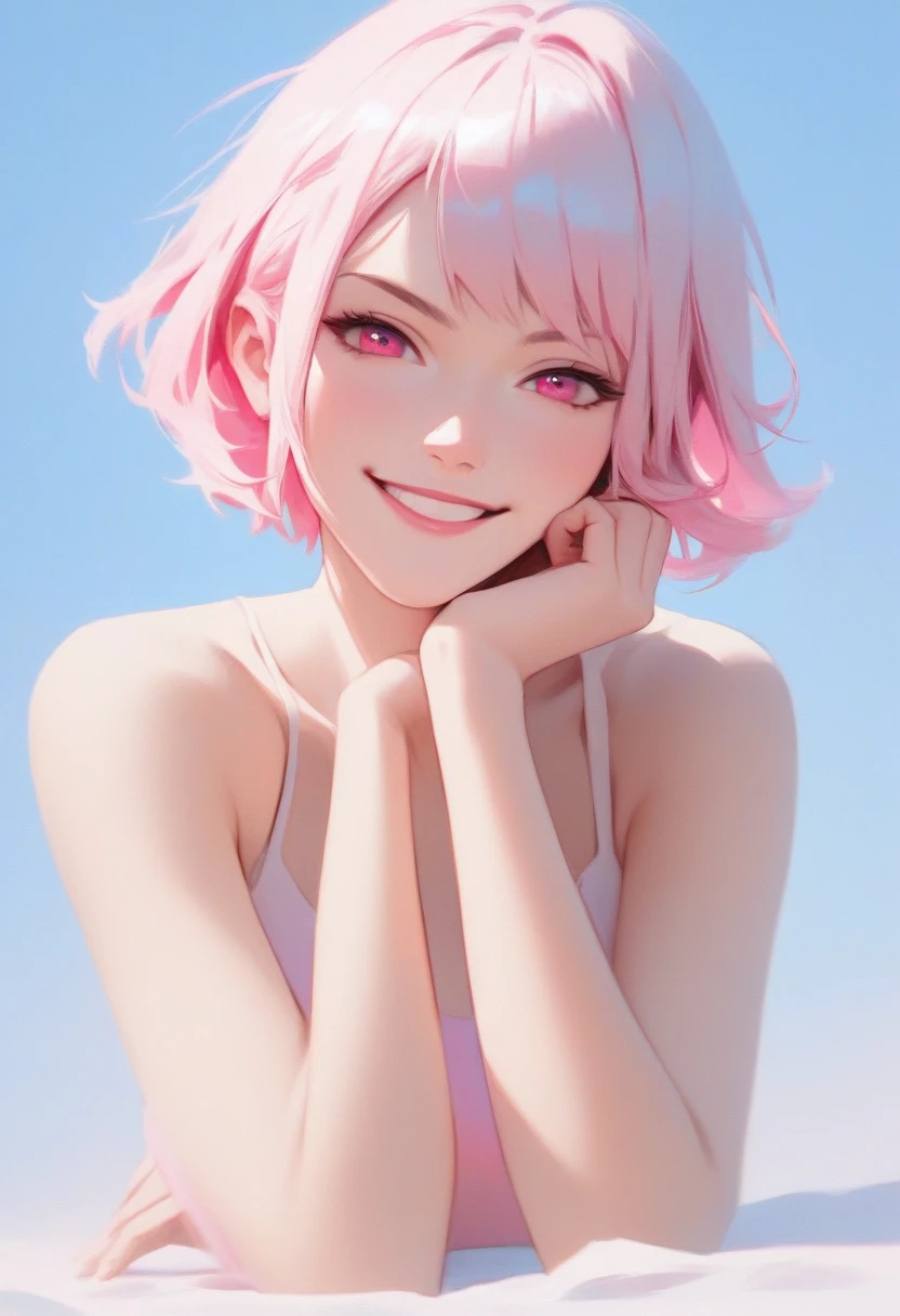 score_9, score_8_up, score_7_up,source_anime, high res image,masterpiece,best quality,girl,cute face,clear skin,simple_background,white hair,short hair,pink eyes,inner_pink_hair,feet_close_up,smirk,