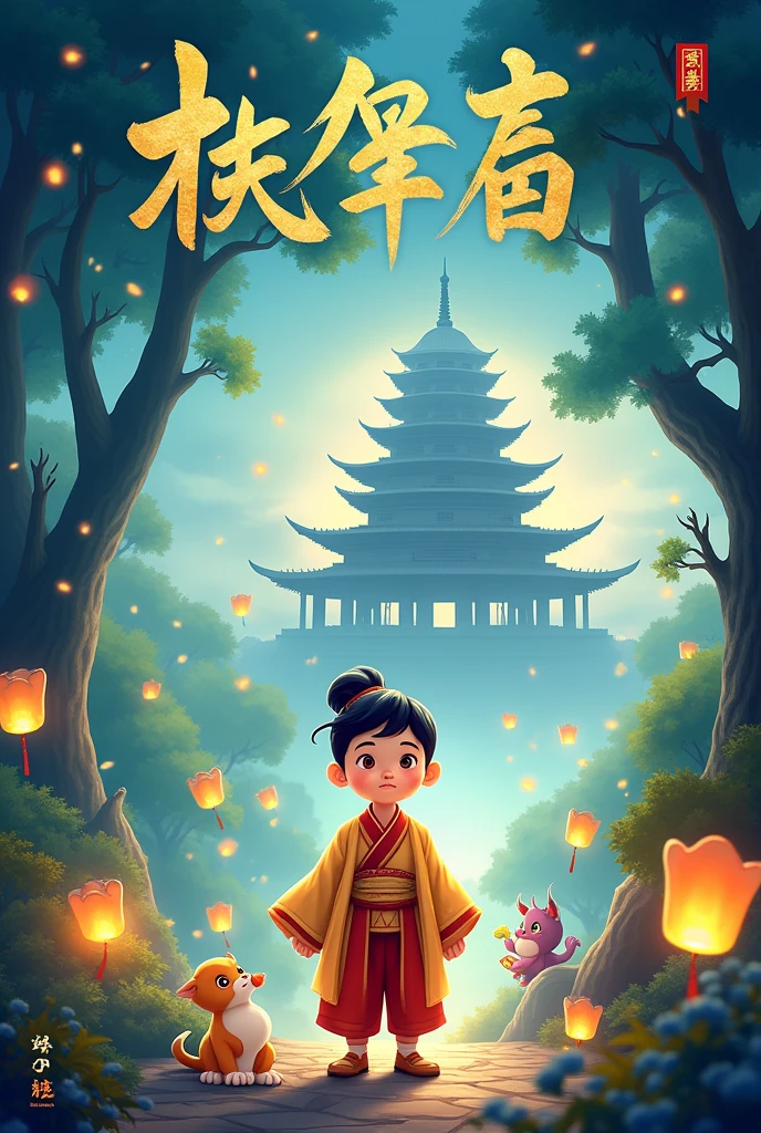 Create a storybook cover photo led 'Liang Chu's journey in the magical world' (The Journey of Liangchu in the Magical World) in Chinese. The cover should feature a young boy, Liangchu, with traditional Chinese attire, standing in an enchanting, mystical forest filled with glowing plants, floating lanterns, and magical creatures. In the background, a majestic pagoda can be seen surrounded by mist. The titshould be prominently displayed at the top in large, elegant Chinese calligraphy. The author name 'Mohammad Mubashir KMT(Muhammad Mubashir KMT) shoube at the bottom, with the publishing company name 'MT Studios' written as 'MT工作室'. The overall style should be vibrant, magical, and appealing to children, wisoft, warm color palette.