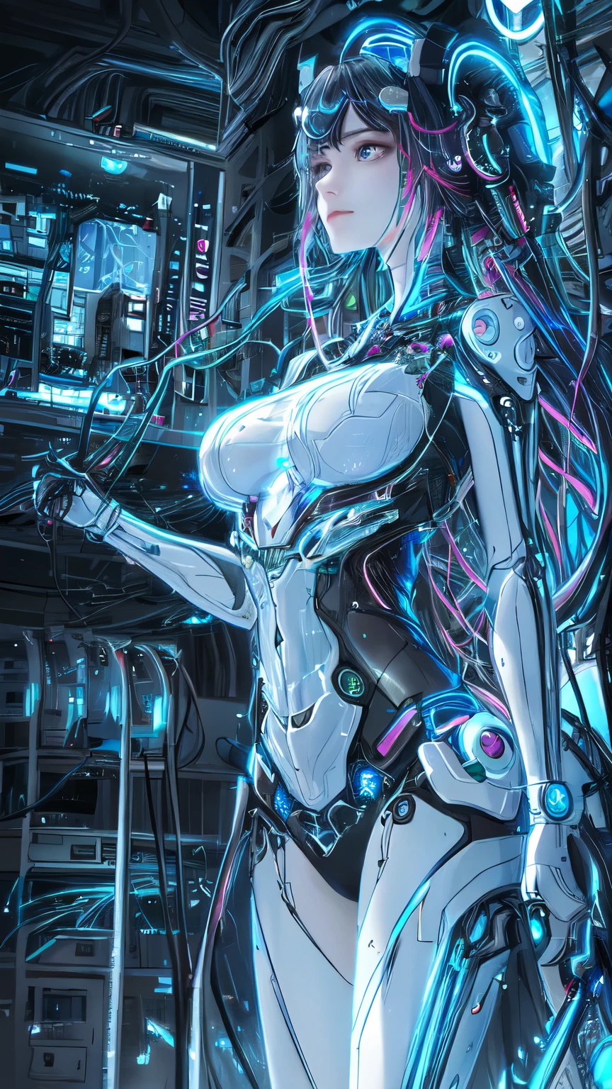 A portrait of a mechanical girl in stunning 8K resolution, meticulously detailed to the utmost realism. The scene is bathed in global illumination, casting intricate shadows that highlight the ornamental details of her metal form. Rendered with Octane rendering, the image boasts sharpness that reveals every intricate part of her construction. The color palette is cool and glowing, reminiscent of Egyptian artistry, with neon accents that add a futuristic flair. The mechanical girl's limbs and face are all machine, adorned with incredibly intricate details down to the smallest components. Her machine skin is a complex network of interconnected parts, including blood vessels merging seamlessly with tubes. She has machine hair and luminous mechanical vertebrae extending from her back, as well as a mechanical cervix attached to her neck, all emitting a soft glow. Standing amidst a sophisticated laboratory, she is connected to an intricate web of millions of wires and cables that link her head and body to various sophisticated equipment, creating a mesmerizing display of technological marvel. This composition is expected to trend highly on CGSociety for its exceptional realism and superlative attention to neon-lit and detailed mechanical elements.
