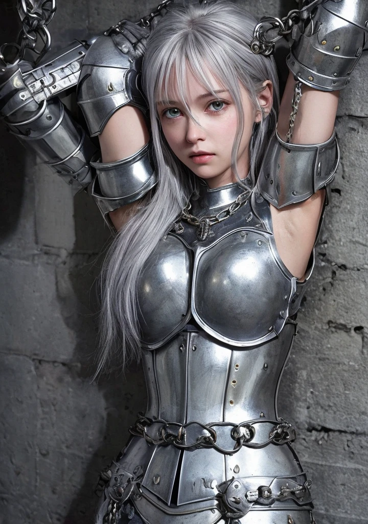 Armpit、female knight、Imprisonment、Chained in a prison、Both hands are in chains、A regretful face、blush、Tears、囚われのfemale knight、Gray Hair、Long Hair、