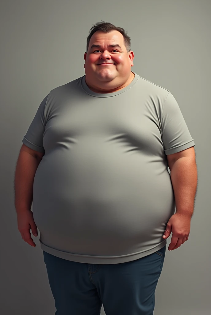Fat man in a gray t-shirt, without button and without print