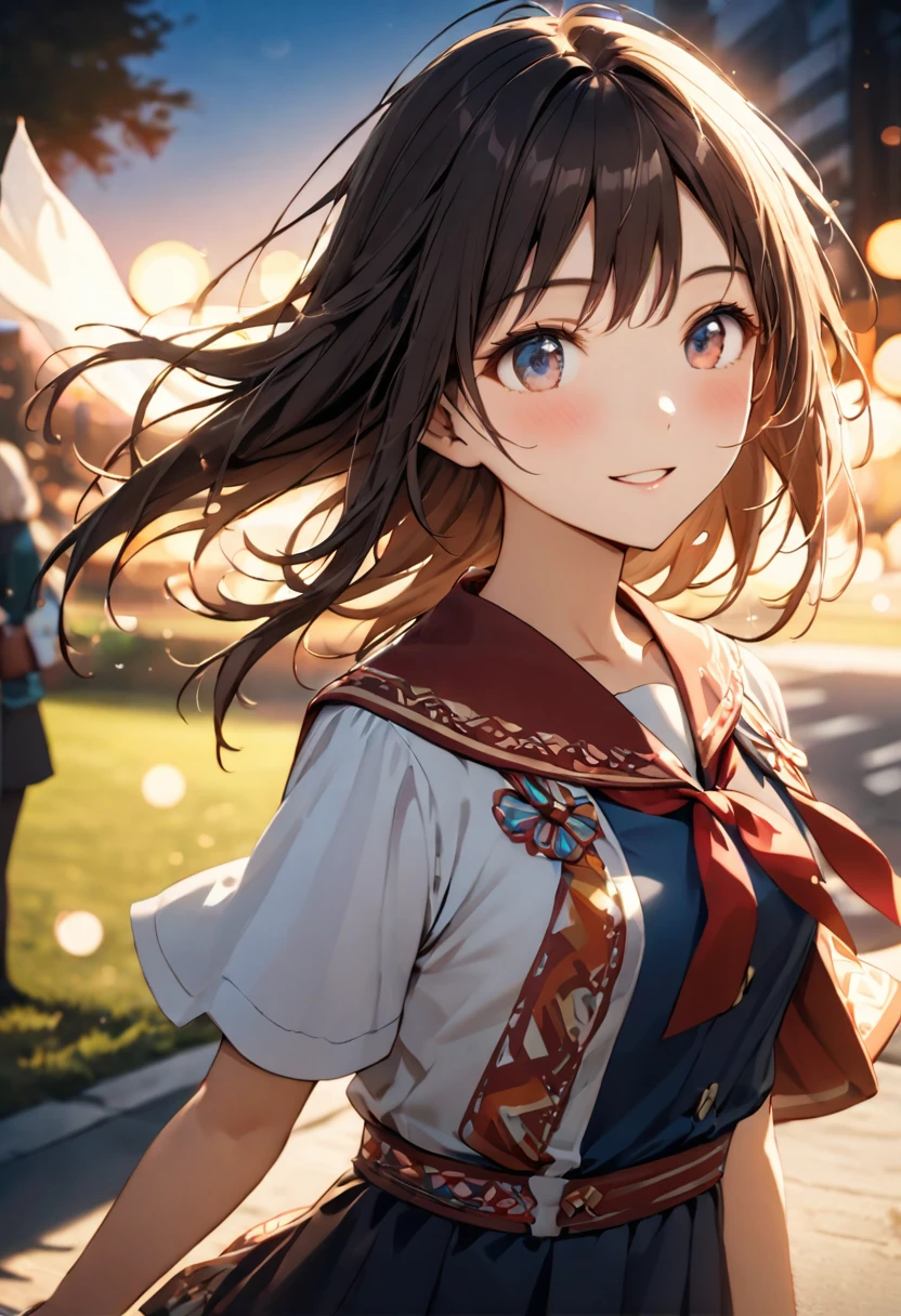 Highest quality,Delicate illustration,Detailed depiction, masterpiece, Boho Eye Hinai Girl, Playful Themes, Group of 2、Two girls、High school girls、Same uniform、Raw photo of a girl in uniform。Decorative details and symbols are often used。, Brown hair gently fluttering in the wind,Clear blue eyes、A gentle smile、Raw photo of a girl in uniform。Decorative details and symbols are often used。, Black hair gently fluttering in the wind,Clear red eyes、A gentle smile、 Long-distance shots, High Key Light, Hard Shadows, Soft bokeh, Professional photography, A balanced deal, Balanced Exposure,