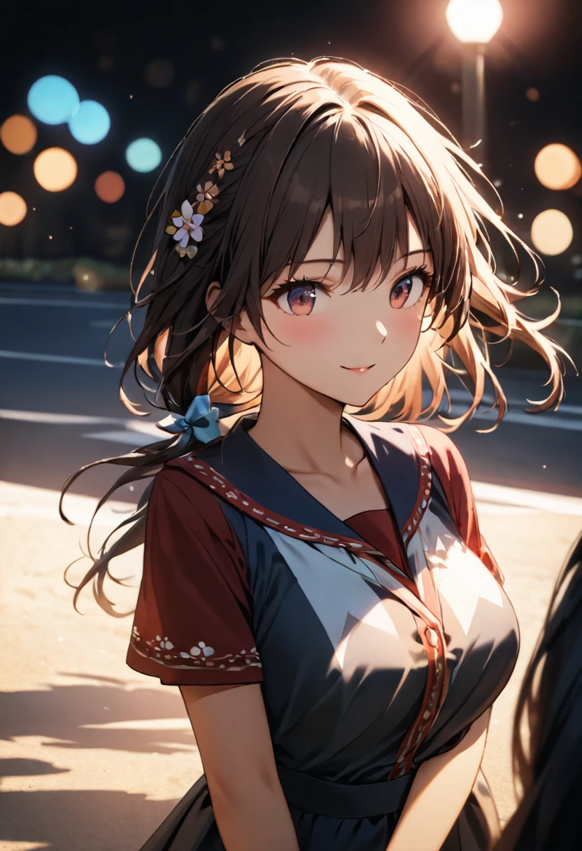 Highest quality,Delicate illustration,Detailed depiction, masterpiece, Boho Eye Hinai Girl, Playful Themes, Group of 2、Two girls、High school girls、Same uniform、Raw photo of a girl in uniform。Decorative details and symbols are often used。, Brown hair gently fluttering in the wind,Clear blue eyes、A gentle smile、Raw photo of a girl in uniform。Decorative details and symbols are often used。, Black hair gently fluttering in the wind,Clear red eyes、A gentle smile、 Long-distance shots, High Key Light, Hard Shadows, Soft bokeh, Professional photography, A balanced deal, Balanced Exposure,