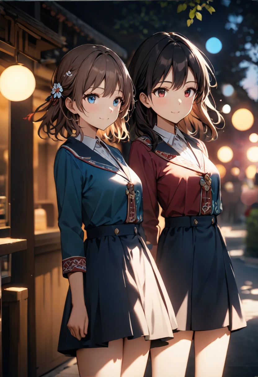Highest quality,Delicate illustration,Detailed depiction, masterpiece, Boho Eye Hinai Girl, Playful Themes, Group of 2、Two girls、High school girls、Same uniform、Raw photo of a girl in uniform。Decorative details and symbols are often used。, Brown hair gently fluttering in the wind,Clear blue eyes、A gentle smile、Raw photo of a girl in uniform。Decorative details and symbols are often used。, Black hair gently fluttering in the wind,Clear red eyes、A gentle smile、 Long-distance shots, High Key Light, Hard Shadows, Soft bokeh, Professional photography, A balanced deal, Balanced Exposure,