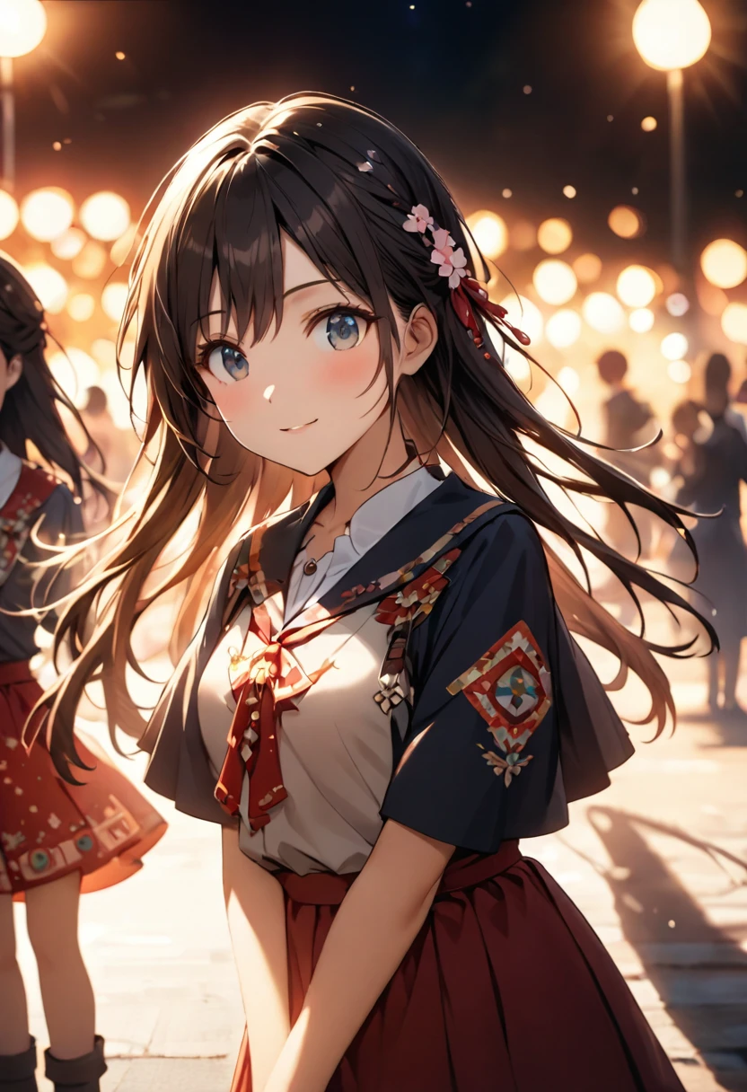 Highest quality,Delicate illustration,Detailed depiction, masterpiece, Boho Eye Hinai Girl, Playful Themes, Group of 2、Two girls、High school girls、Same uniform、Raw photo of a girl in uniform。Decorative details and symbols are often used。, Brown hair gently fluttering in the wind,Clear blue eyes、A gentle smile、Raw photo of a girl in uniform。Decorative details and symbols are often used。, Black hair gently fluttering in the wind,Clear red eyes、A gentle smile、 Long-distance shots, High Key Light, Hard Shadows, Soft bokeh, Professional photography, A balanced deal, Balanced Exposure,