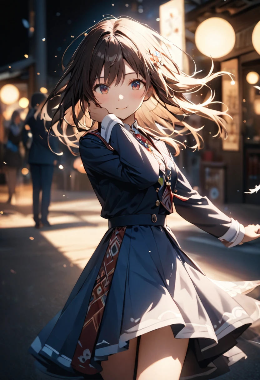 Highest quality,Delicate illustration,Detailed depiction, masterpiece, Boho Eye Hinai Girl, Playful Themes, Group of 2、Two girls、High school girls、Same uniform、Raw photo of a girl in uniform。Decorative details and symbols are often used。, Brown hair gently fluttering in the wind,Clear blue eyes、A gentle smile、Raw photo of a girl in uniform。Decorative details and symbols are often used。, Black hair gently fluttering in the wind,Clear red eyes、A gentle smile、 Long-distance shots, High Key Light, Hard Shadows, Soft bokeh, Professional photography, A balanced deal, Balanced Exposure,