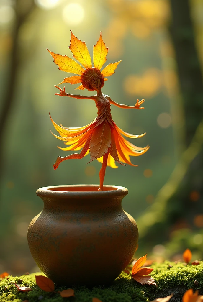 A whimsical miniature figure composed of delicately arranged autumn leaves, poised in a carefree dance on the rim of a weathered, moss-covered terracotta pot, set against a lush, vibrant forest backdrop, where dappled sunlight filters through the canopy above, casting intricate shadows. The overall aesthetic is ethereal, with warm, earthy tones of sienna, umber, and olive green, infused with hints of emerald and golden light, evoking a sense of wonder and enchantment, as if plucked from a fantastical realm.