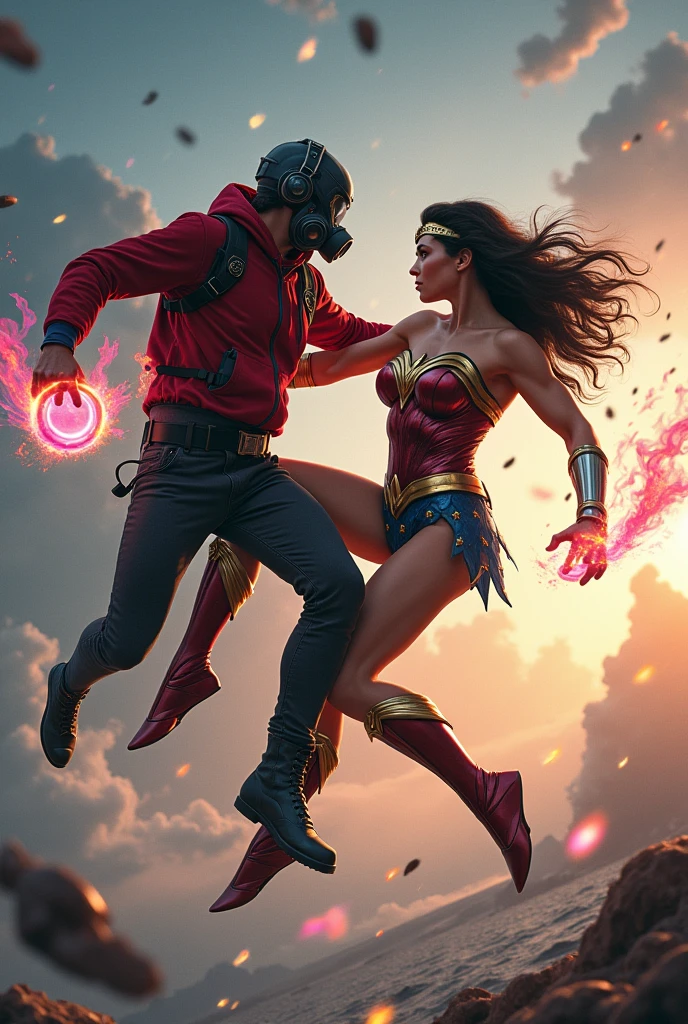 ??? Star-Lord with red hoodie, Rocket boots, headphones, star-lord helmet, gas helmet, Covered mouth, Round & red eyes + Wonder woman, big breasts, perfect body, Busty, realistic, power, Kick, Attack, magic rings in the hands, Fighting, power, fiction, full body, 2 persons, magic lasso, hight, fall, fire in boots, powerful spells, realistic, war, ocean, spells, Cayendo del cielo, sleep