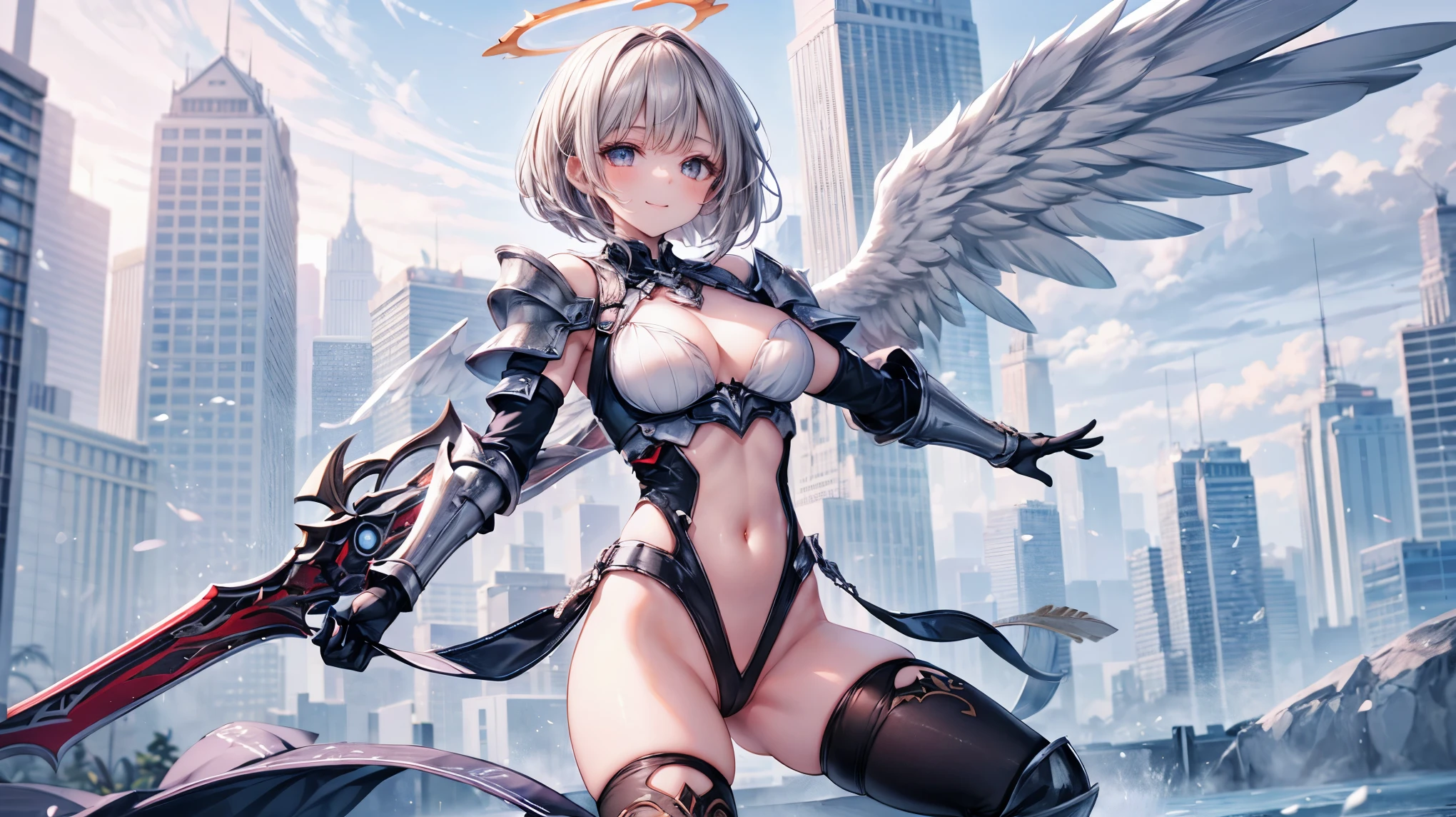 fantasy, 1angel_girl,(young_:1.5), ,brown_hair, medium_bob_hair, long_bangs, halo,bare_shoulder,thighhighs,silver_armor, waist_armor, large_breasts,1pair_wings, dynamic_pose_fighting,floating, bare_crotch, headgear,gauntlet, greaves,city_landscape_background,slightly_spread_legs, solo, groin_naked,smile