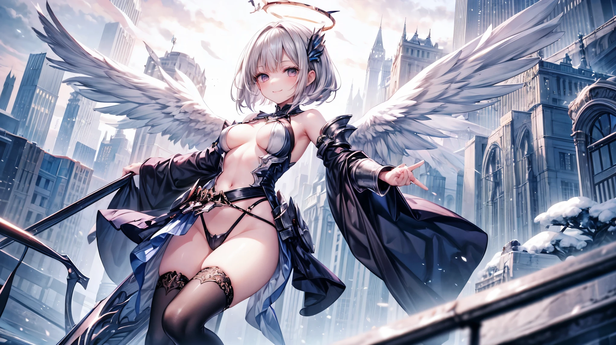 fantasy, 1angel_girl,(_teen:, ,brown_hair, medium_bob_hair, long_bangs, halo,bare_shoulder,thighhighs,silver_armor, waist_armor, large_breasts,1pair_wings, dynamic_pose_fighting,floating, bare_crotch, headgear,gauntlet, greaves,city_landscape_background,slightly_spread_legs, solo, groin_naked,smile