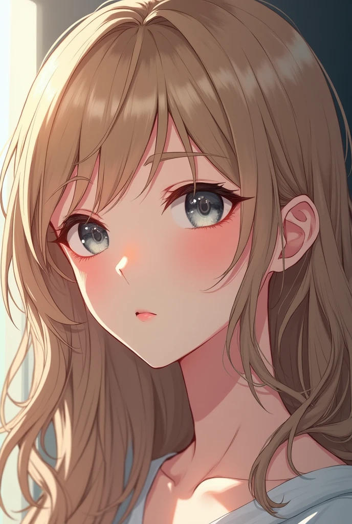 Dirty blonde anime girl with gray eyes , 20 years old