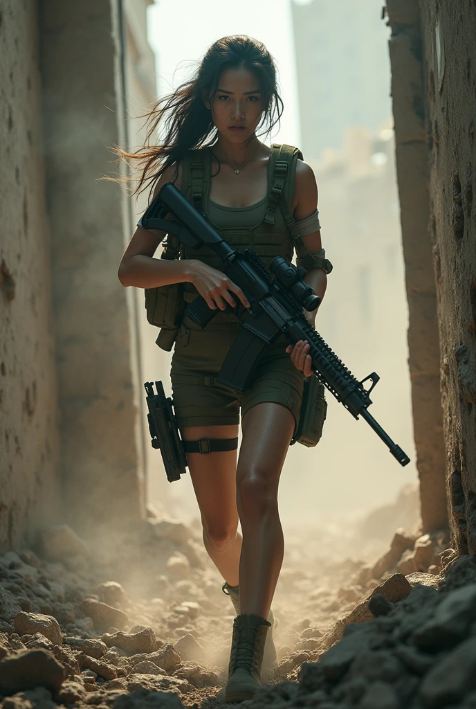 8K, realistic photo, realistic skin texture, Beautiful Japanese women in the US military、Inside a building littered with rubble、Under attack、Trying to escape while fighting back、collapsing wall、Automatic rifle、Bulletproof vest、Back Back、boots、Covered in scars、Grim expression、Dynamic pose、Innovative composition、Dust is flying