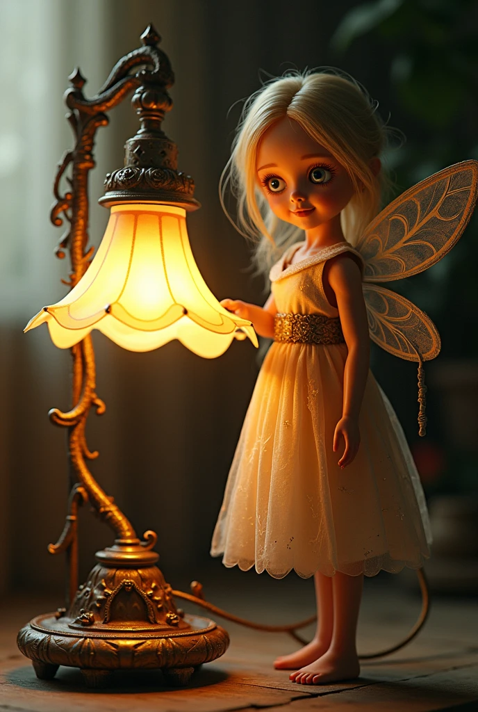 a fantasy lamp whose light is a mutation of a butterfly lightening insect trapped in a container, next to it stands a very beautiful realistic female doll smiling at me wearing a fantasy fairy outfit. perfect composition, beautiful details, intricate, amazing octane details trending on art station, 8 k artistic photography, photorealistic concept art, soft natural volumetric cinematic perfect light, chiaroscuro, award winning photos, masterpieces, oil on canvas, raphael, caravaggio, greg rutkowski, beeple, beksinski, giger