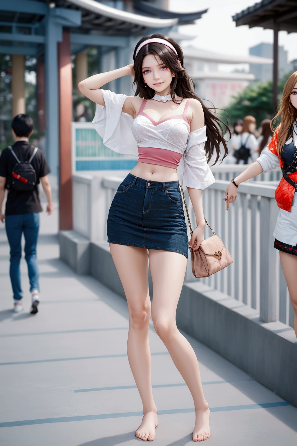 realistic anime illustration of long hair woman is posing at outdoor, wears denim pencil mini skirt, (1girl, solo, full body), (masterpiece, best quality, japanese anime style), (expressive eyes, perfect face, perfect body)