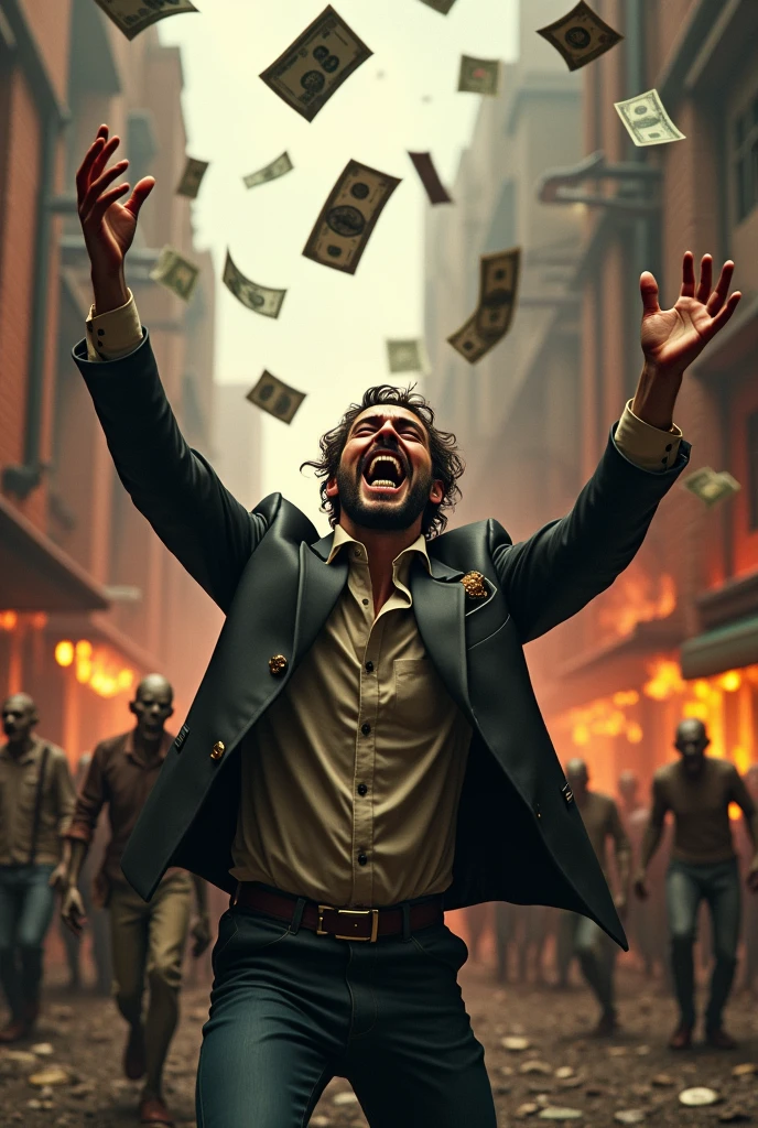 Happy man throwing money against the background of a horde of zombies and burning buildings in steampunk style