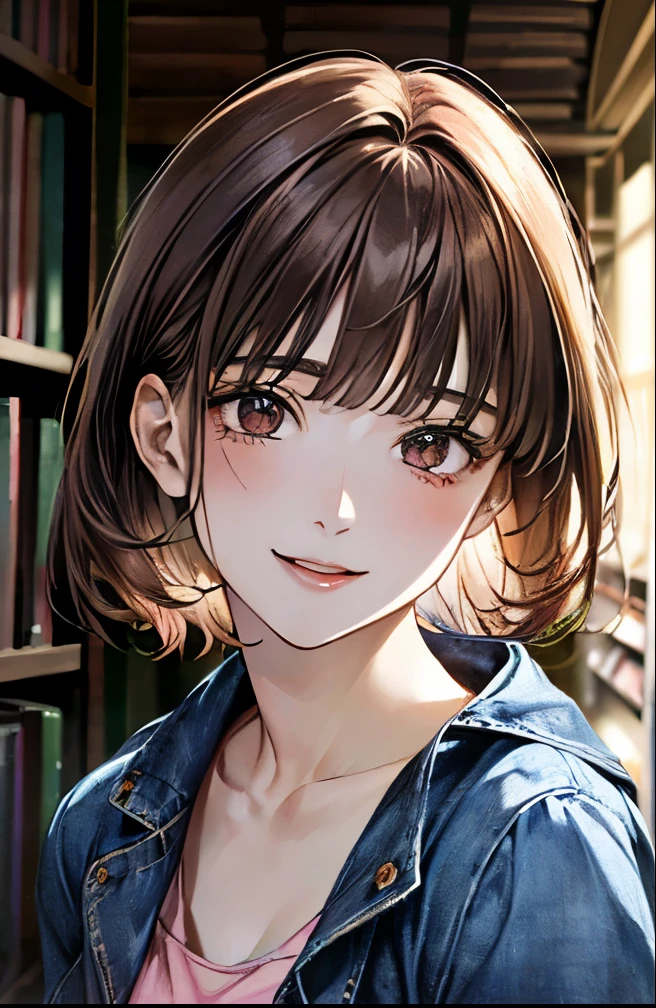nsfw:1.2,(masterpiece:1.2, Highest quality, Ultra-high resolution, Super detailed), (Realistic, photoRealistic:1.4), Beautiful illustrations, colorful, (Natural Side Lighting, Cinema Lighting), 
View your viewers, 1 girl, Japanese, Junior high school girl, Perfect Face, (Perfect Anatomy), Cute and symmetrical face, Glowing Skin, , 
(short hair:1.5, Straight hair:1.2, Reddish brown hair), Blunt bangs, Iris, Small eyes, Droopy eyes, Slanted Eyes, Long eyelashes, (), 
Beautiful Hair, Beautiful Face, Beautiful attention to detail, Beautiful clavicle, Beautiful body, Beautiful , Beautiful thighs, Beautiful feet, 
((Detailed cloth texture, Pink T-shirt, Denim skirt, ), 
(Beautiful views), Depth of written boundary, evening, (library), A passageway surrounded by bookshelves、Are standing, (Smile, Upward glance, Open your mouth),No bra、Nipplessible、Transparent nipples、Mediums、Pulling on sk、Flipping up a skirt:1.5、Showoff panties:1.2