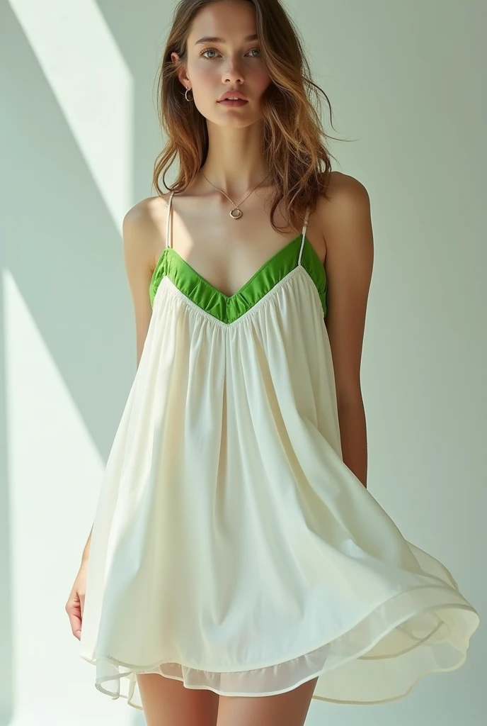 A white mini dress with green linings for teenage girls
*flowwy dress
*silk Cloth