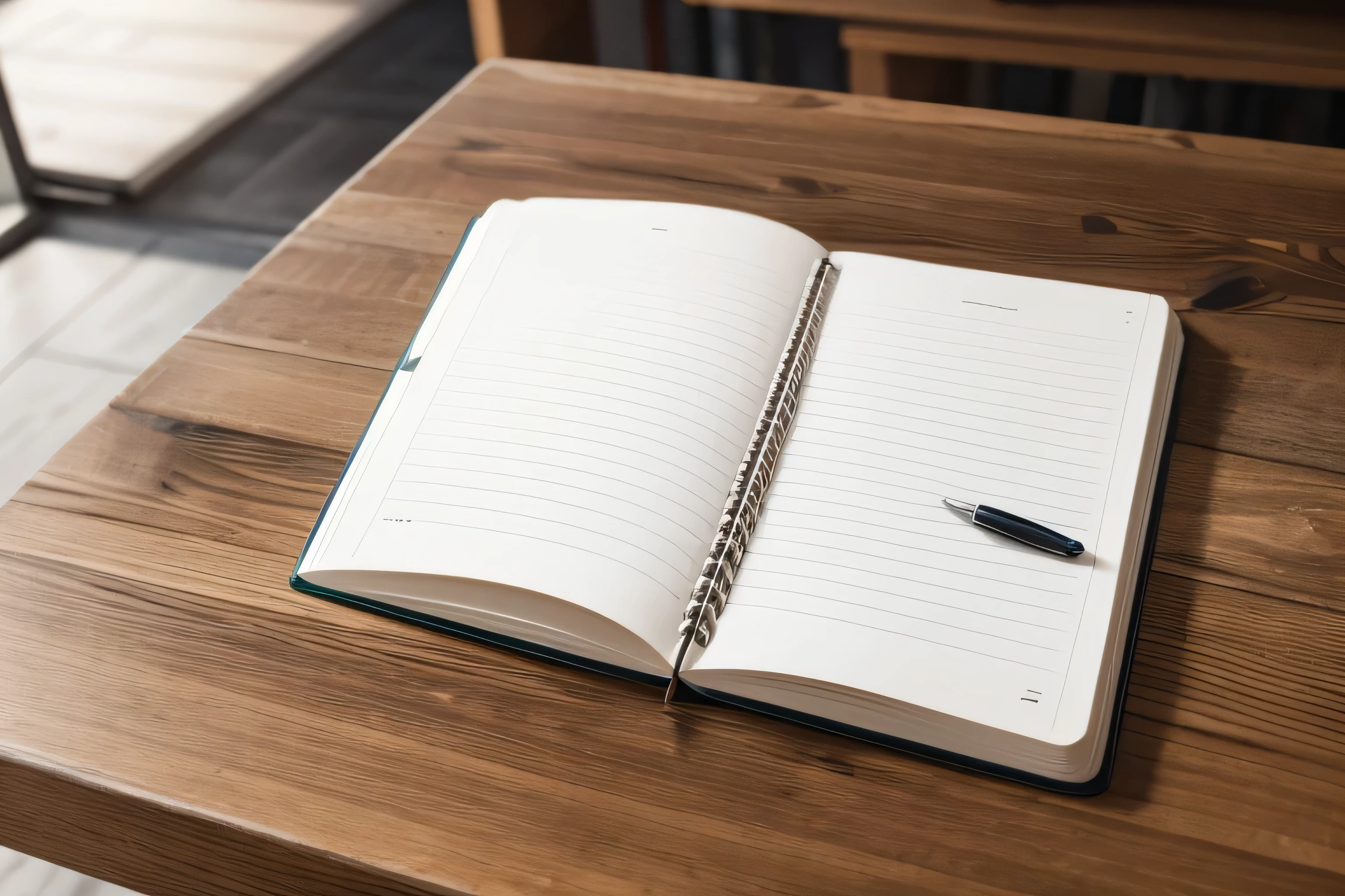 A thick A4 notebook open on a wooden desk No characters are written Viewed from diagonally above