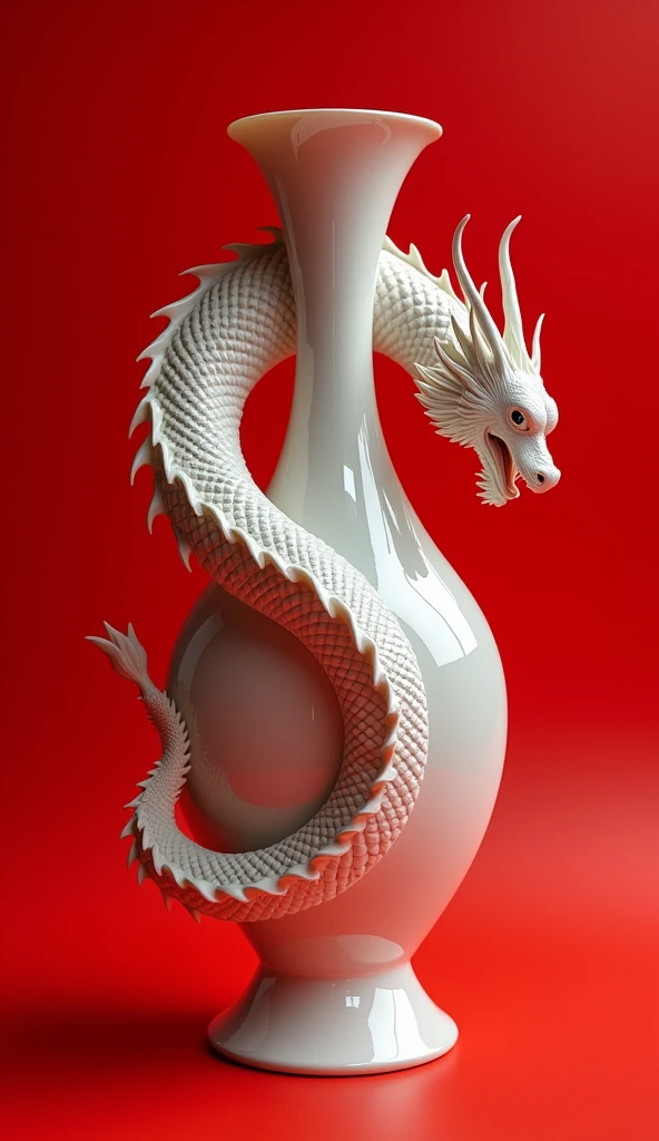 a ceramic vase decorated with a cute dragon coiling around it, red background, blindbox, in the style of Zaha Hadid,lois greenfield,conceptual jewellery, translucent planes,frans snyders, cinestill 50d