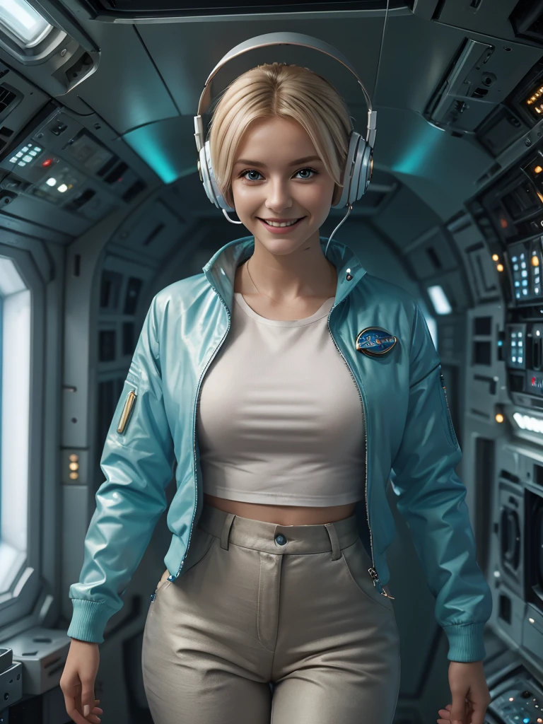 Beautiful blonde woman(best quality,4k,8k,highres,masterpiece:1.2),ultra-detailed,(realistic,photorealistic,photo-realistic:1.37),HD,sky1, stunning detailed, a 30 year old woman in grey cloth trousers, a white shirt and teal jacket white trainers, she is standing in the crew quarters of a giant space craft, she is smiling at the camera, she is in a large room, night time through the windows, space nebulas and controls, she is wearing headphones and has a gold badge,