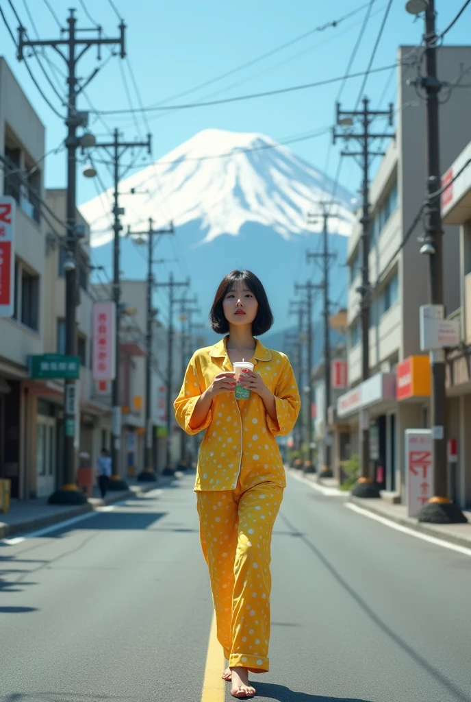 A pretty asian woman with short hair, wearing yellow polka dots pajamas, holding boba tea, walking across the street , at a street scene with the Mount Fuji which its snow capped peak is visible. An empty urban street lined with commercial buildings. Some utility poles and overhead wires crisscross above the street. In stark contrast to the urban foreground Mount Fuji rises in the background. Hyperrealistic , telephoto lens, ground level, HDR.