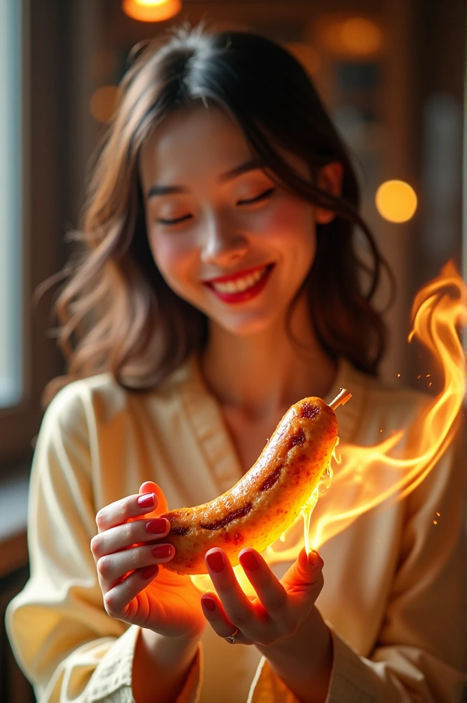 make the words "a stick of grilled mushroom sausage with a tip that expands like a mushroom with a split tip full of melted mayonnaise spewing out mayonnaise" that burns with flames coming out of the hands of a beautiful Thai girl who laughs feeling funny with freestyle, photo 8k, 16k best resolution