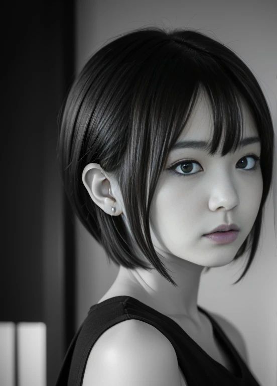 (((shot from front))),a black and white photo,short hair woman, -face,  face, profile of anime girl, 4K, portrait of a japanese teen, taken with a canon eos 5 d,