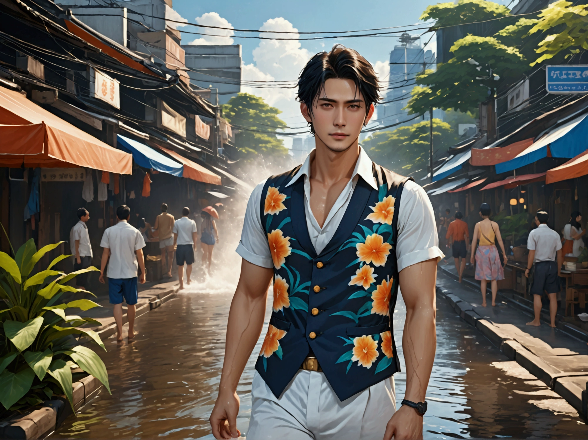 Japanese,25-30 years old , handsome, the weather is summer,Wear summer sex clothes,For example, vest(Super detailed, Realistic, best quality, 4K, 8k, High resolution, masterpiece:1.3)The background is Bangkok, Thailand,It's the Water Splashing Festival,wet,full body pic. happy