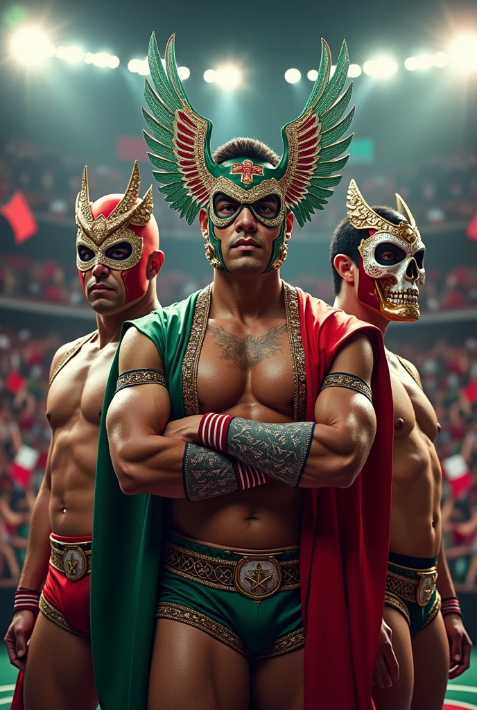 Create a trio of Mexican wrestlers where the leader is Mexican Power, whose mask is similar to Mizteziz's but with eagle fragments and whose colors are the national colors green, white and red, and with a cross on the forehead. , The second will be called Mexican Dragon, with a dragon-style design while keeping the national colors, and the last will be Mexican Danger, with a skull-style mask structure but keeping the national colors that resemble a bit of Dr. Wagner's masks in terms of the last two wrestlers.