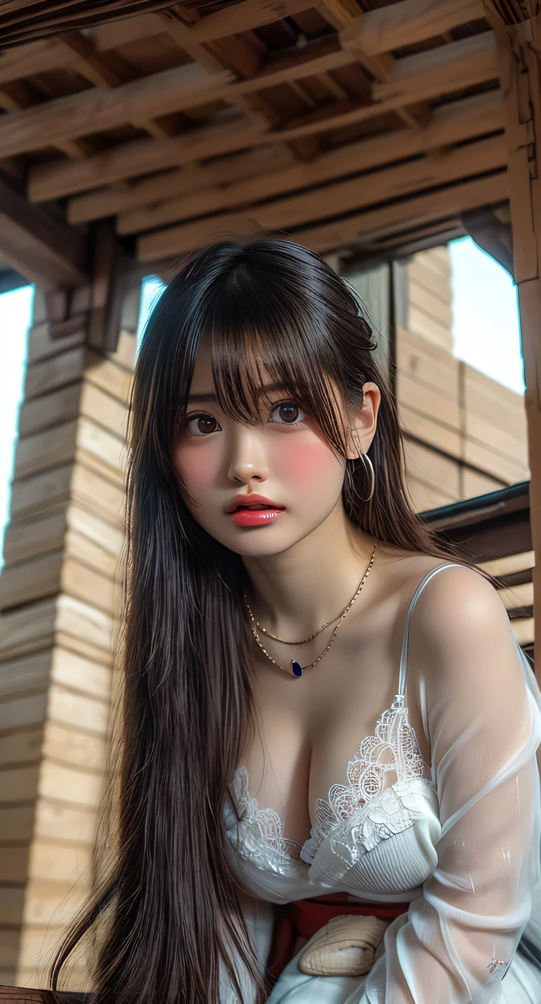 masterpiece, Bokeh, (Beautiful Face), (Detailed face), (Perfect hands), (Japanese Idols:1.6), (suit:1.3), (Ultra-realistic pantyhose:1.3), (Sit at the top of the tower:1.3),( Balcony of a high rise apartment:1.3), (Blushed:1.3), High heels, (From below:1.5), Beautiful mature woman, (Obscene and extremely large breasts bigger than a face:1.95, Chest gap), (Big eyes that exude beautiful eroticism:0.8, Adult charm:0.8, Fascinating:0.8), necklace, Earrings, bracelet, Highly detailed and accurate hands and fingers, ((She has a very cute baby face and a pure and sexy expression.)), ((Extremely accurate anatomy))