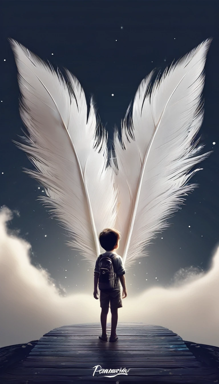 Create a minimal, modern, simple, inspirational, fantastic, poetic, epic, original, memorable, dream like, cinematic logo design of a dreamer boy and a cinematic, memorable white fantastic feather for the brand “Penamemoria". The logo design must convey the artistic, fantastic, epic inspiration of a dreamer boy in a unique, fantasy cinematic white feather.