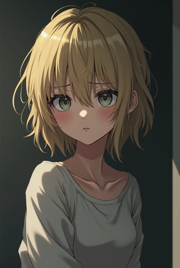 Dirty blonde anime girl with gray eyes , 20 years old, bags under eyes, depressed

