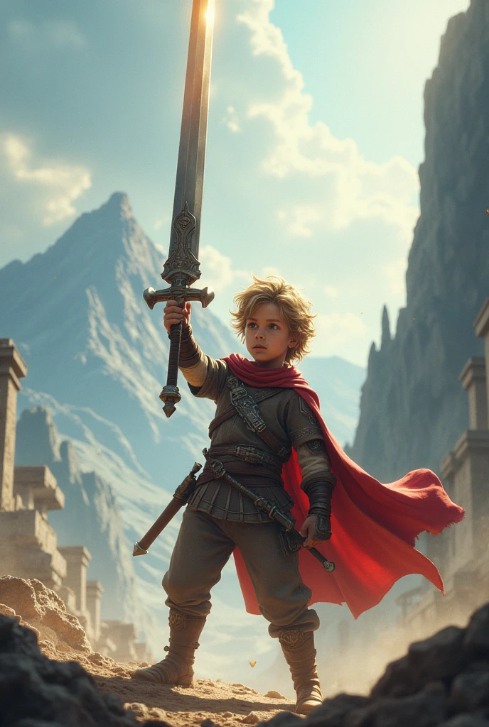 A boy with a big sword in upward rising 
