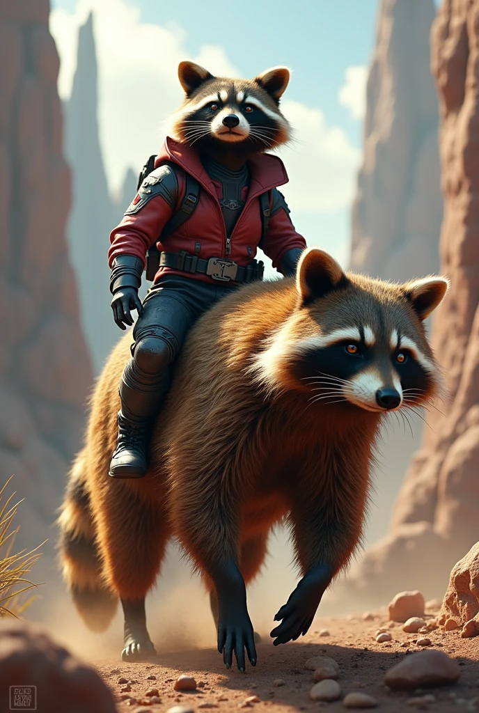 Rocket racoon riding a sit up big racoon