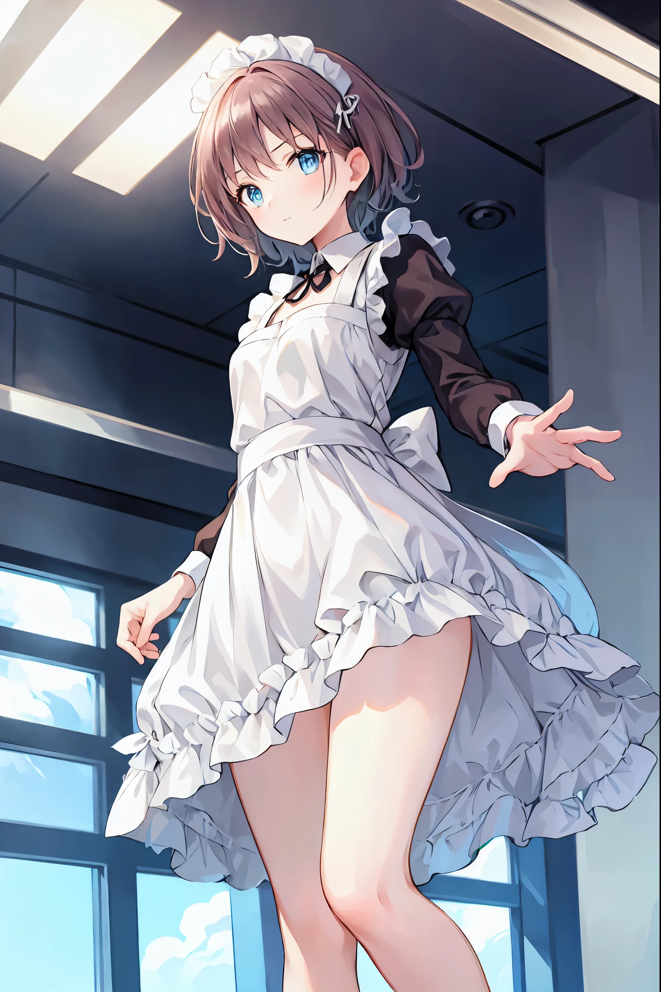 Brown Hair,Shortcuts,Messy Hair,Slender beauty,A dignified posture,Small chest,Beautiful feet,Her captivating grey-blue eyes shine like stars,masterpiece, Highest quality, Very detailed, High resolution, Very detailedCG, smile,、Stylish cafe、Rear view、((From below:1.2)), From the back, cute、Big round eye-aid costume、Maid Costume、Hunchback, Surprised face