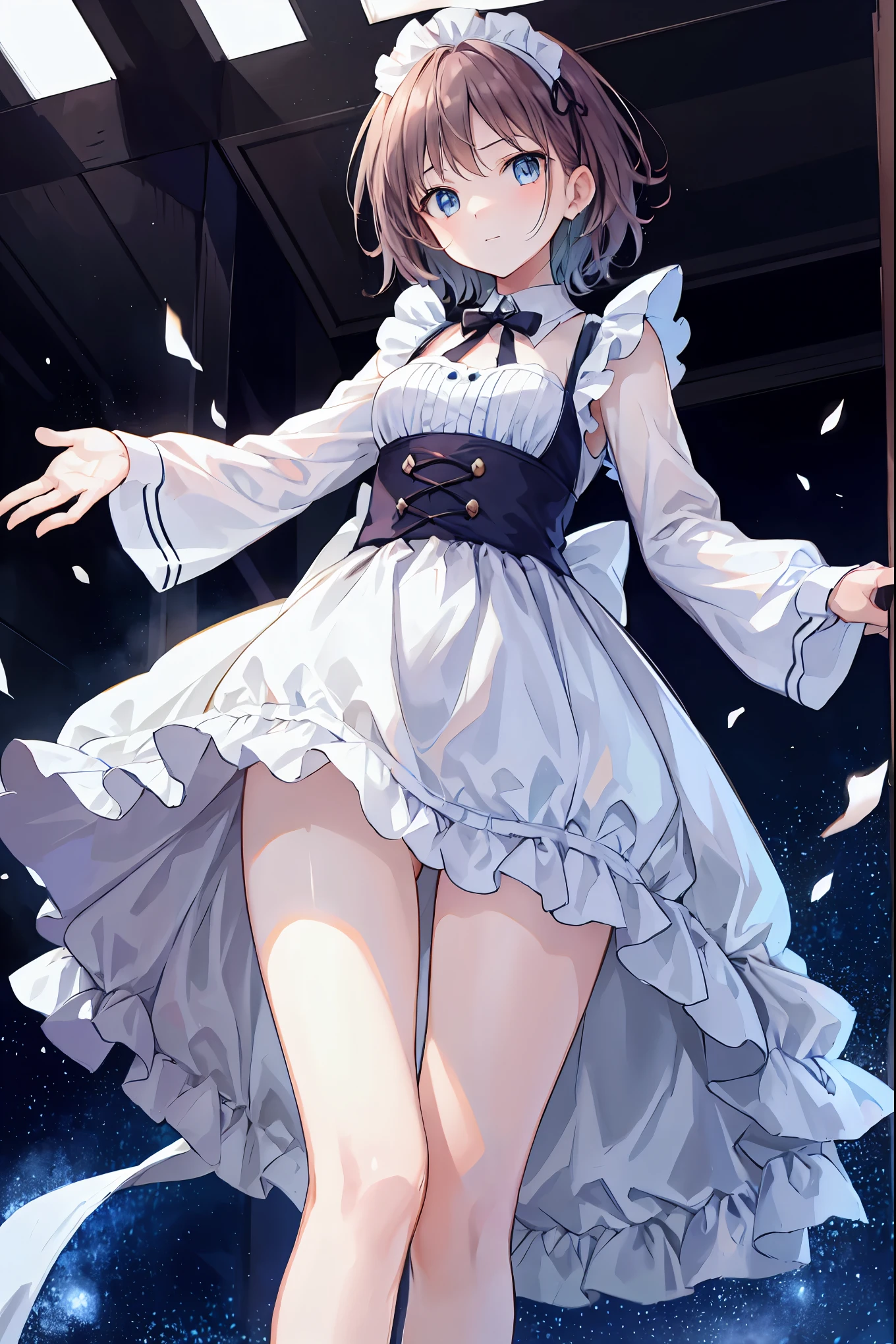 Brown Hair,Shortcuts,Messy Hair,Slender beauty,A dignified posture,Small chest,Beautiful feet,Her captivating grey-blue eyes shine like stars,masterpiece, Highest quality, Very detailed, High resolution, Very detailedCG, smile,、Stylish cafe、Rear view、((From below:1.2)), From the back, cute、Big round eye-aid costume、Maid Costume、Hunchback, Surprised face